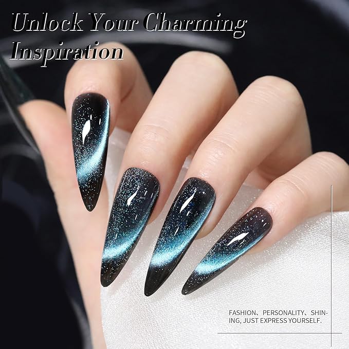 Born Pretty Cat Magnetic Eye Gel Nail Polish, 6 Colors 9D Magnetic Glitter Gel Polish Set Black Blue Purple Green Nail Polish Kit Soak Off LED Nail Art DIY Salon Gift