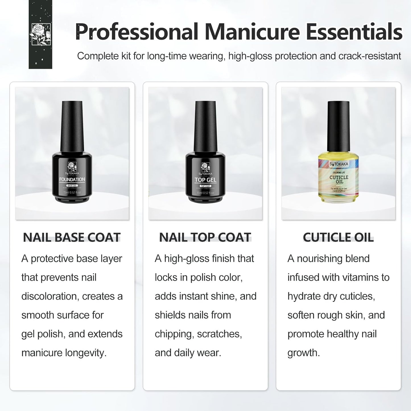 3Pcs 15ml Base Top Coat Set with Cuticle Oil Soak-Off UV Cured Glossy Top Gel Base Coat No Wipe Combination Fast Air Dry Nail Care Nutritive Oil for Manicure Pedicure Nail Supplies