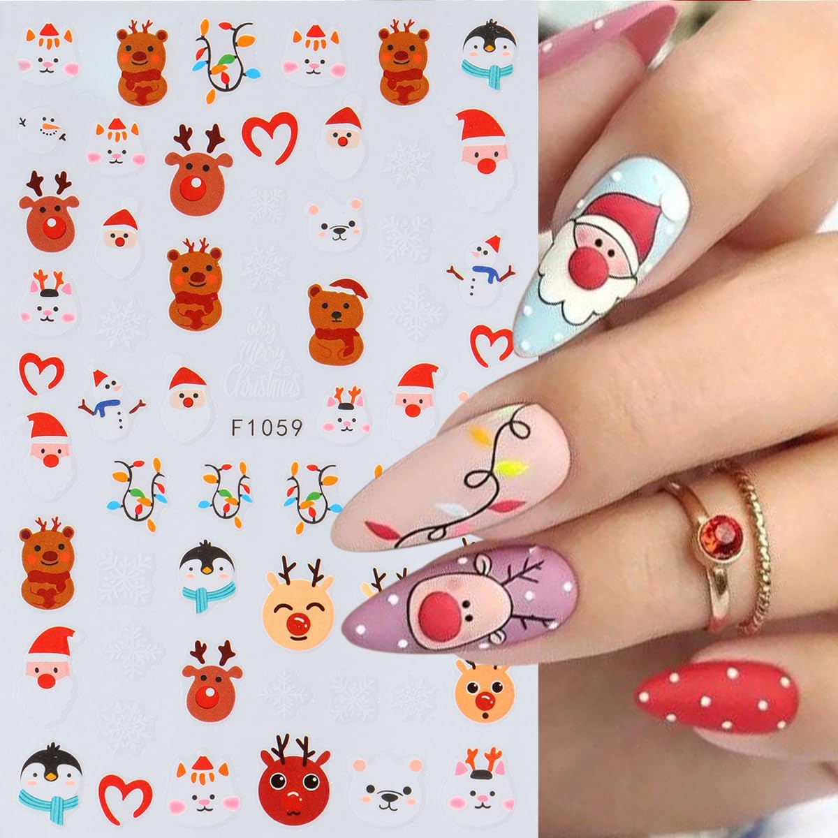 10PCS Christmas Nail Stickers for Kit- 3D Xmas Winter Nail Decals with Cartoon Elk Snowflake Santa Claus Snowman Bell Reindeer Bell Tree Design Holiday DIY Manicure New Year Christmas Nail Decoration