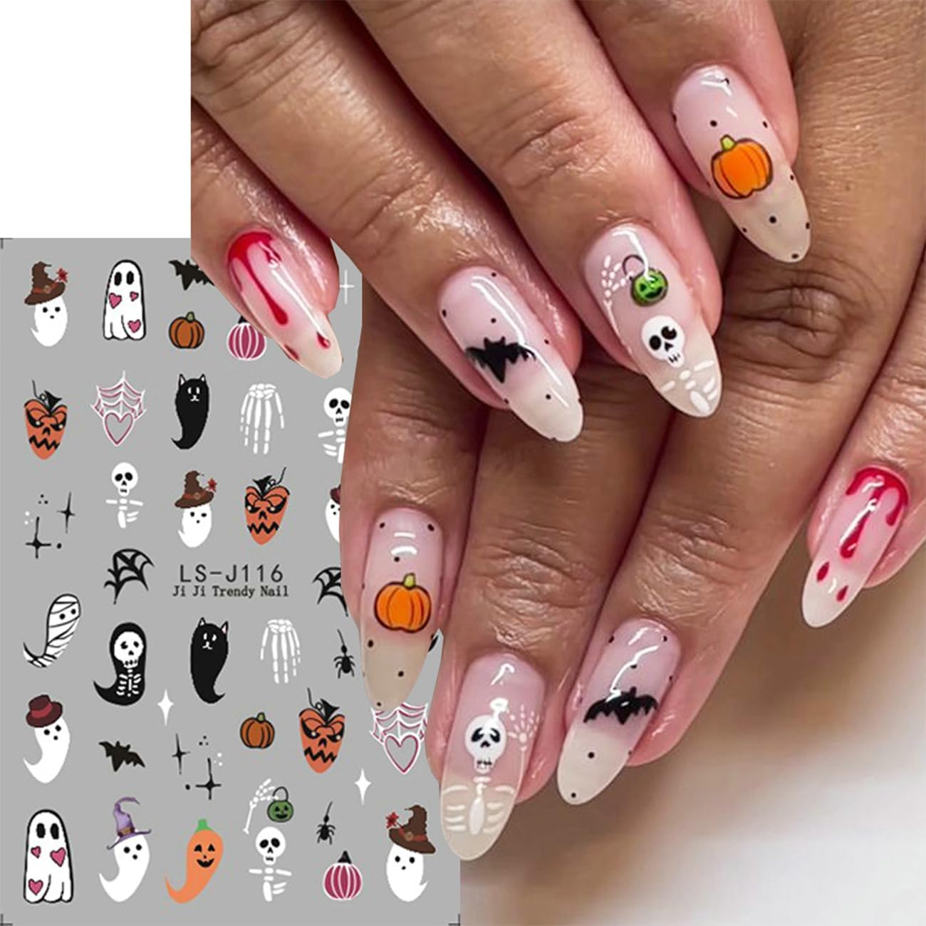 Halloween Nail Decals Self-Adhesive 3D Skull Bat Ghost Spider Design Cute Girls Nail Art Decoration 6PCS