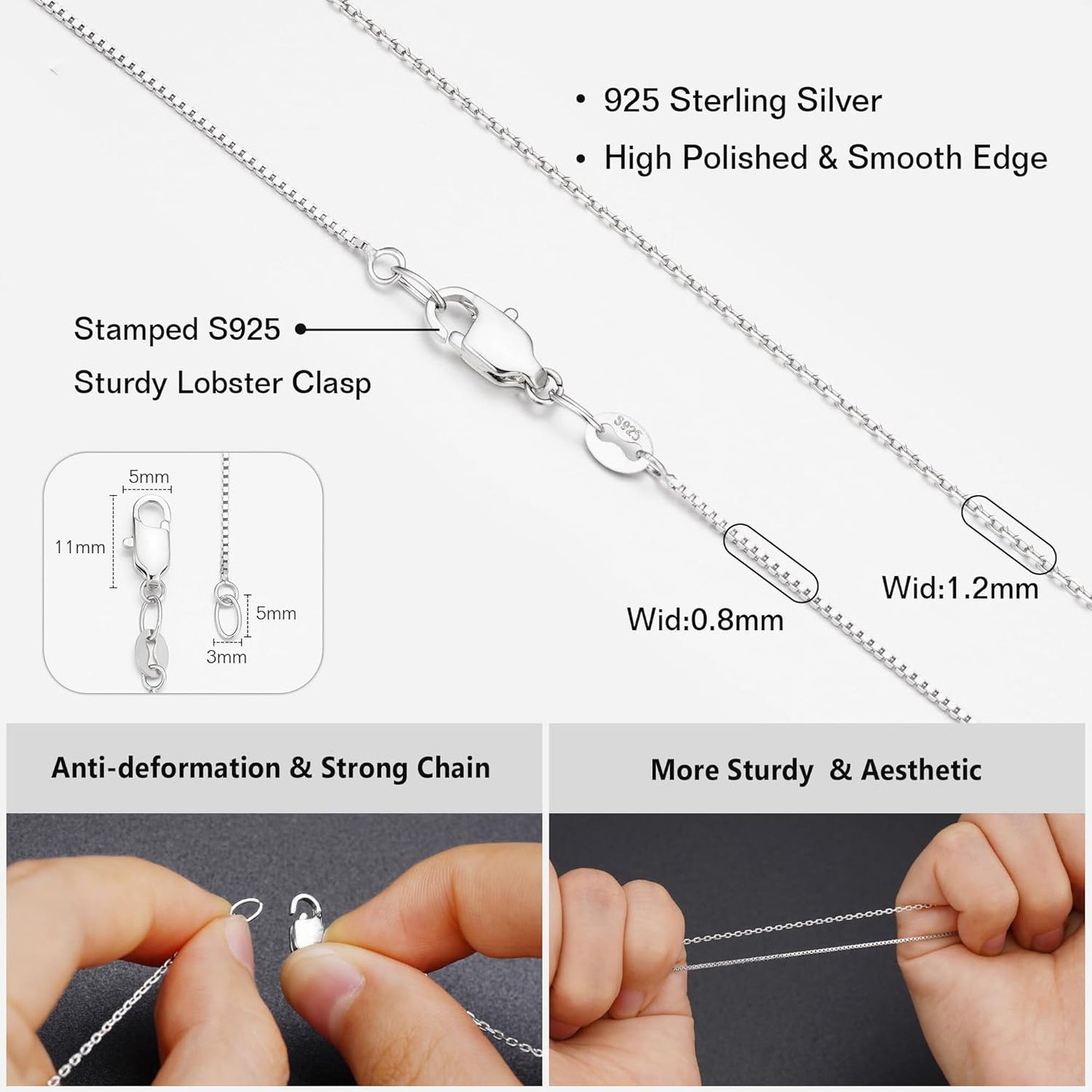 IIEFWELL S925 Sterling Silver Chain Necklace for Women - 1.2/0.8mm Satellite Bead Cable Box Chains Necklace Set, Hypoallergenic Sturdy Women's Chain Necklaces, 16/18/20/22 Inches Jewelry Gifts