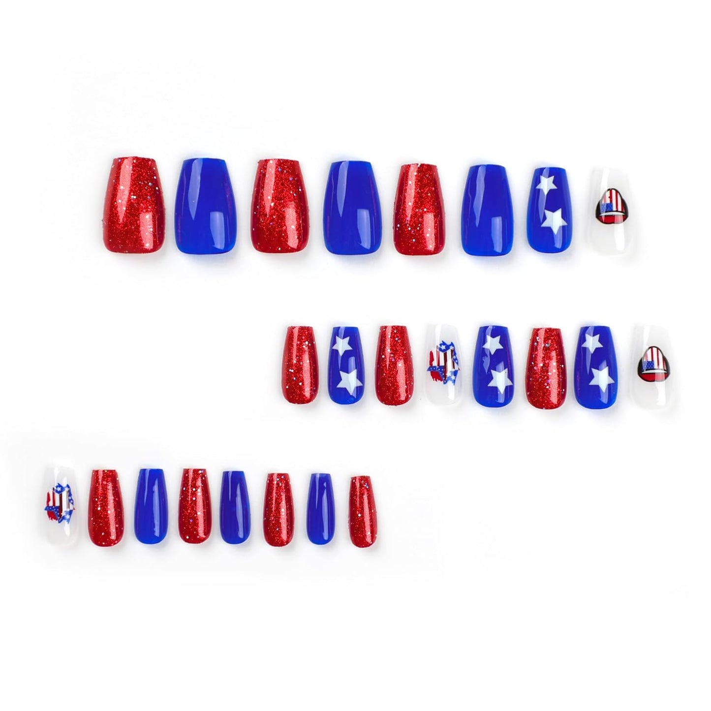 Independence Press On Nails Medium Coffin, 4th of July Fake Nails with Red, Blue, Stars, and USA Flag Accents, Glossy Gel Finish Acrylic Press Ons, Thick Reusable Glue On Nails Kit for Women, 24Pcs