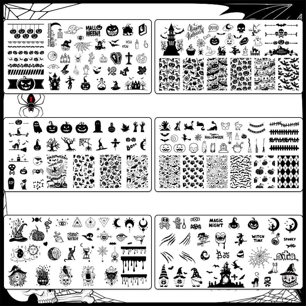 Hying 6pcs Halloween Nail Art Stamping Plates for Women Nail Art, Stainless Steel Jack-o'-Lantern Pumpkin Nail Plates Template Set for Halloween Decoration Spooky Blood Spiderweb Stamp Templates Kit