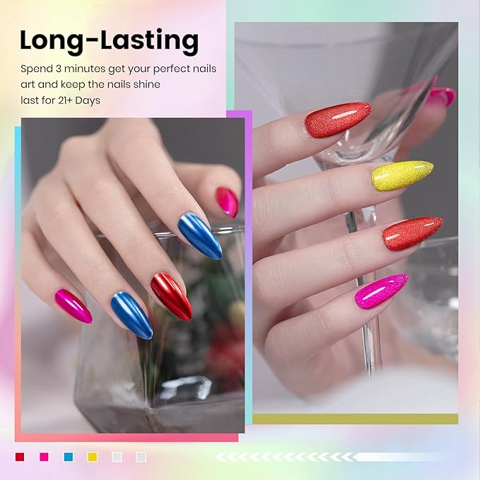 RARJSM Glaze Glass Metallic Cat Eye Gel Nail Polish Set Neon Amber Colors Bright Red Blue Yellow Rose Purple with Diamond Silver Cateye Metallic Silver Gelpolish UV LED Curing Requires Home Salon Diy