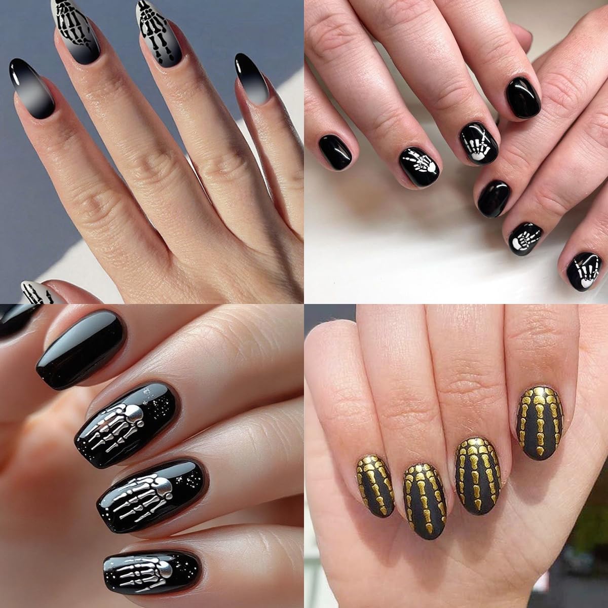 Halloween Nail Art Stickers Decals Horror Hand Bones Skeleton Skull Design Nail Stickers 5D Embossed Goth Nail Decals for Women DIY Manicure Halloween Party Nails Decorations 4 Sheets
