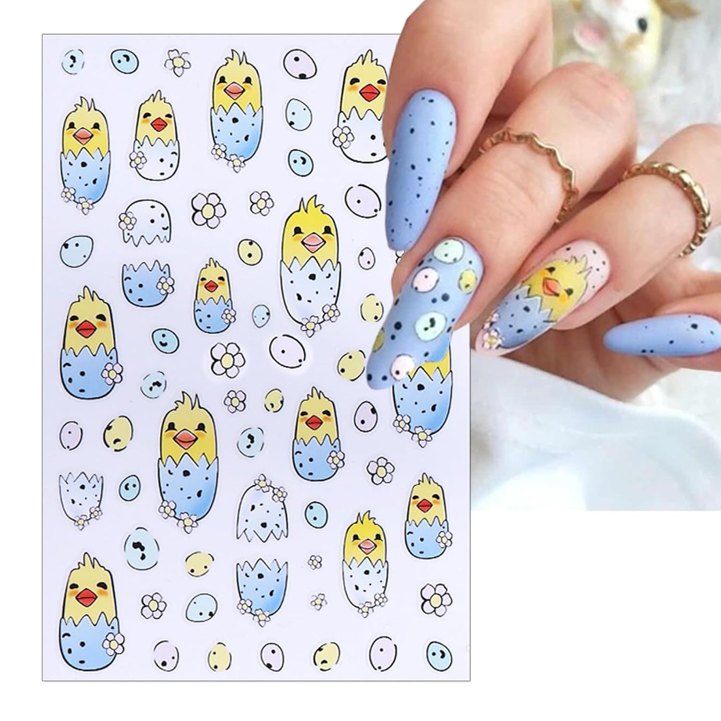 Easter Nail Art Stickers - Bunny Eggs Chick Self-Adhesive 3D Nail Decals for DIY Spring Holiday Floral Rabbits Carrot Manicure (3 Sheets)