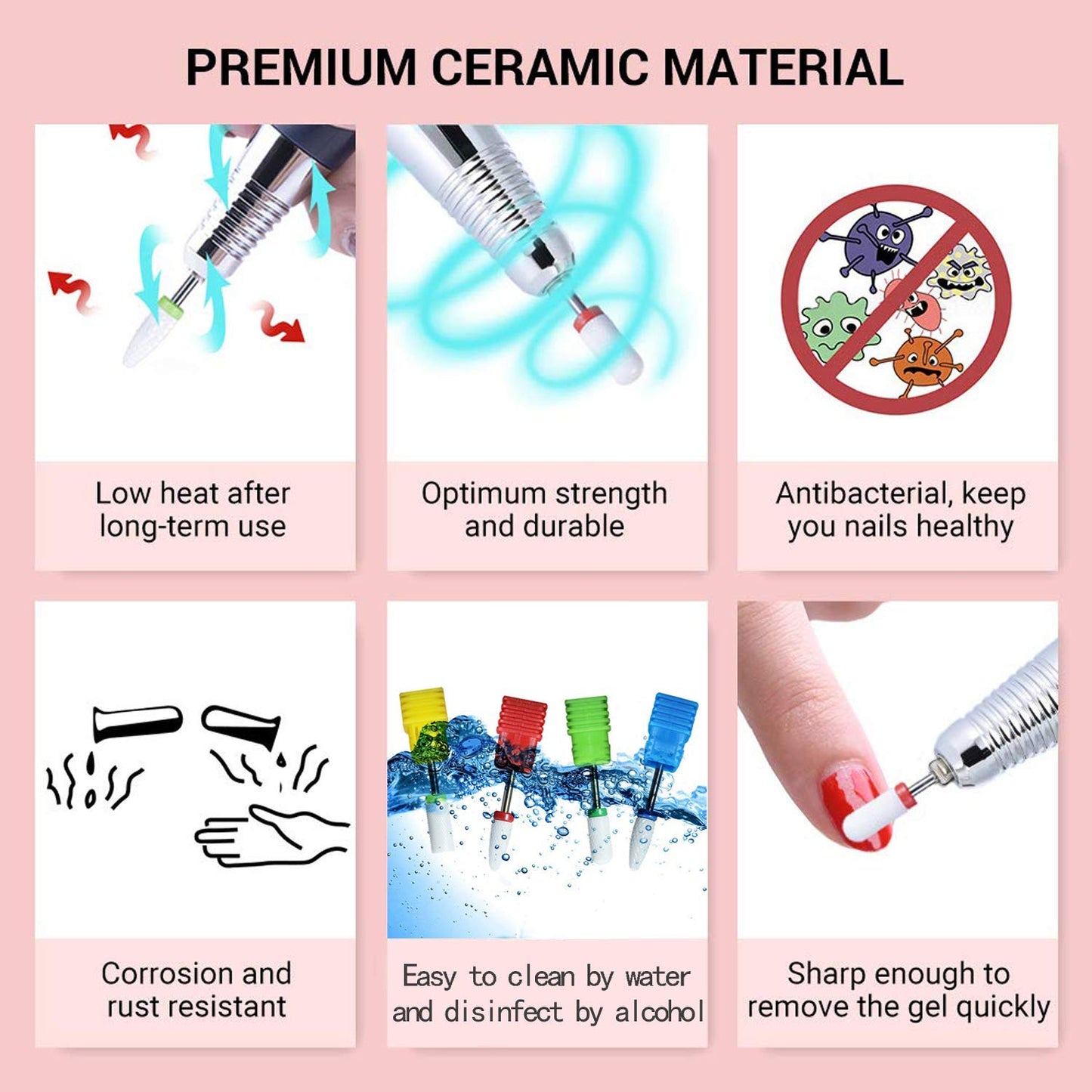 5 Size Professional Corn Head Ceramic Nail Drill Bits Set with Holder for Electric Nail File Manicure Pedicure Acrylic Gel Polishing, 3/32'' (2.35mm)