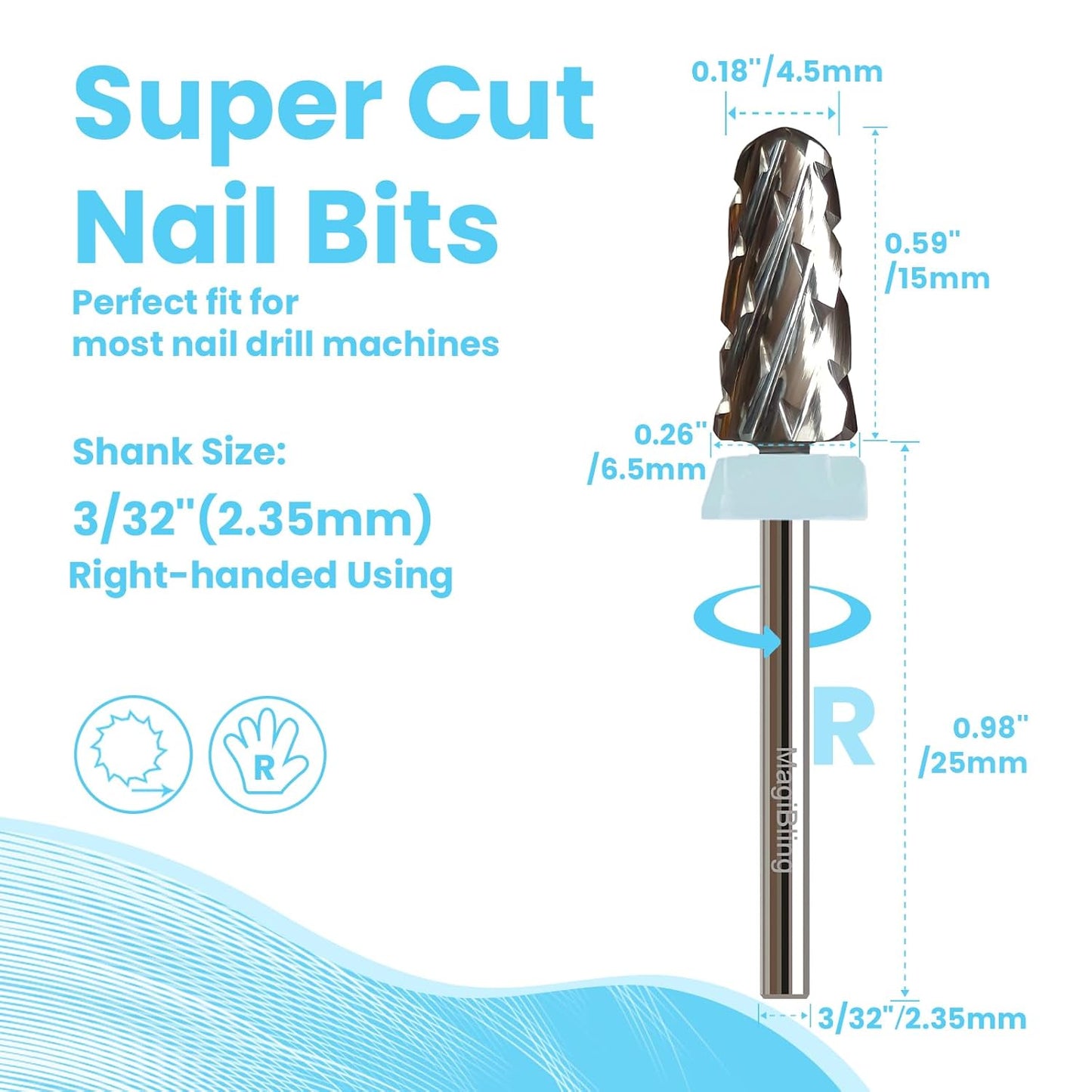 Super Cut Tapered Barrel 3/32'' Safety Tungsten Nail Drill Bits, Remove Gel Fast, Right handed, Suitable for Manicure Pedicure Cuticle Gel Polishing, Technicians Bits, Quadruple Coarse.