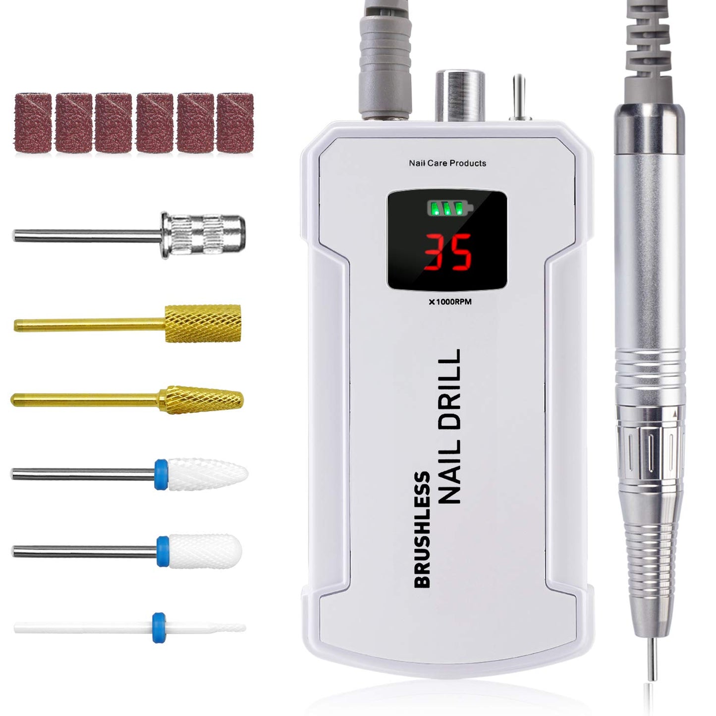 Professional Nail Drill Machine, IMENE 35,000RPM Portable Brushless Nail Drill Rechargeable E-File Nail Drills Perfect for Acrylic, Gel, Natural Nails（White）