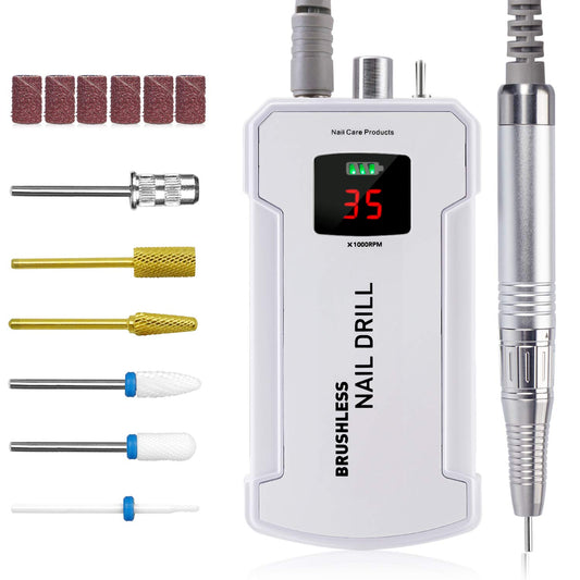 Professional Nail Drill Machine, IMENE 35,000RPM Portable Brushless Nail Drill Rechargeable E-File Nail Drills Perfect for Acrylic, Gel, Natural Nails（White）