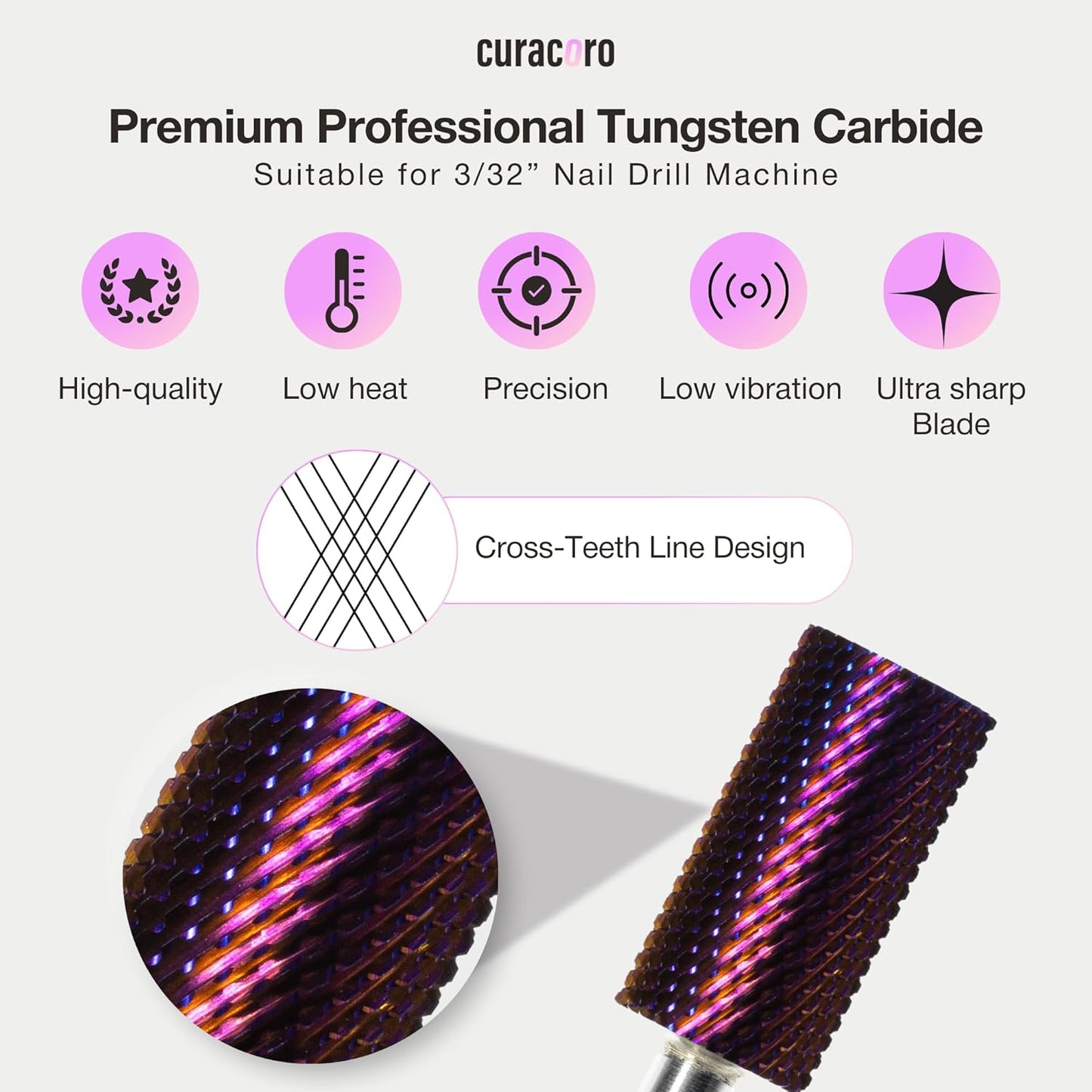 Curacoro Nail Drill Bits 3/32'' - Safe Smooth Stop Large Barrel Carbide Bit (Medium) for Professional Finish, Fast Remove, Refine & Smooth Acrylic or Gel Nails, Nail Art Pedicure Manicure Salon & Home