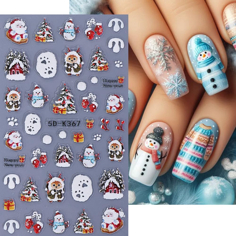 Christmas Nail Stickers 5D Embossed Snowman Elk Nail Art Stickers Xmas Holiday Nail Decals Self-Adhesive Deer Snow Santa Claus Design Sticker Nail Decoration for Women Manicure Accessories 2Pcs