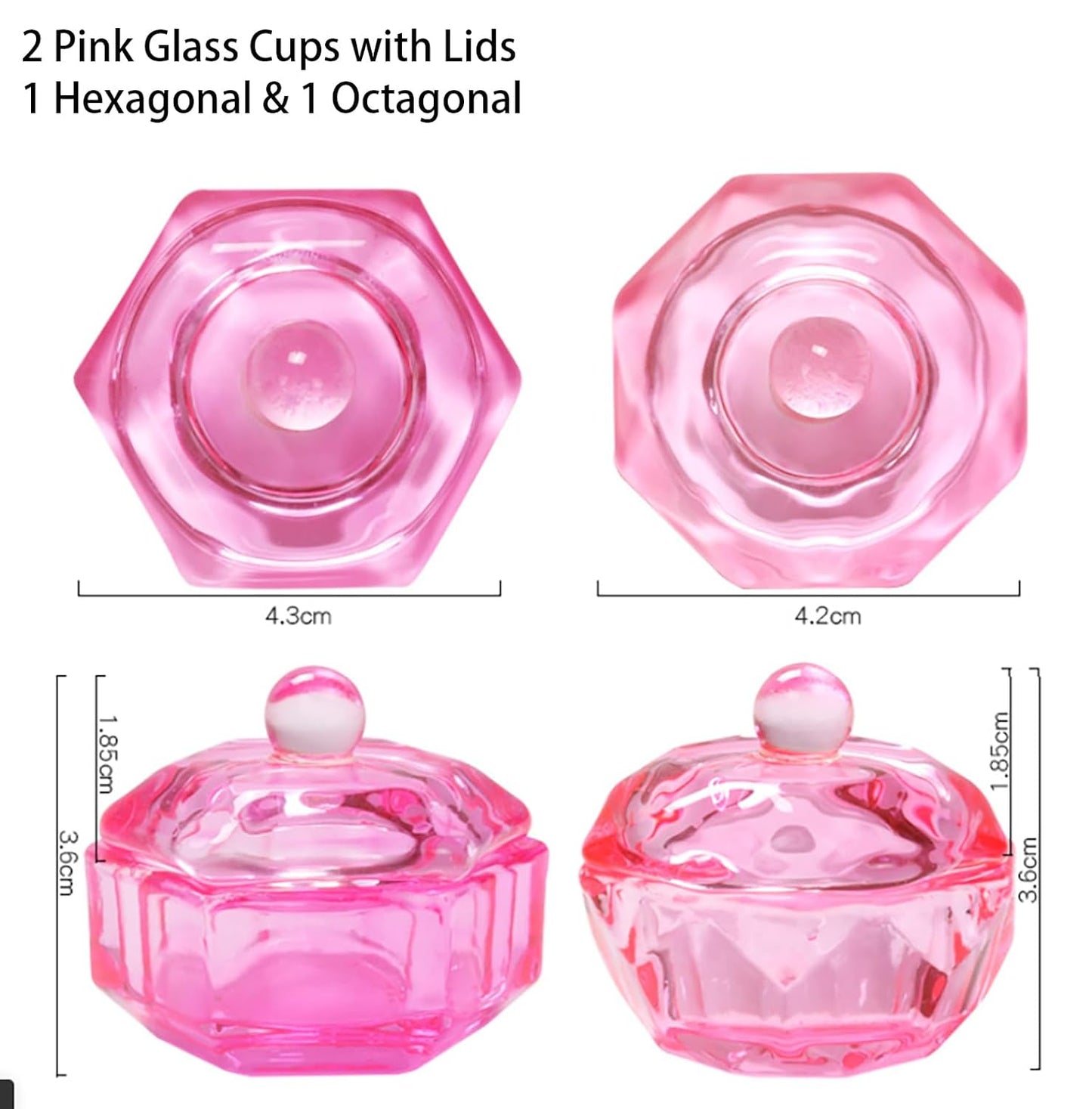 2 Pcs Pink Glass Nail Art Cups Nail Dipping Jars Nail Dappen Dishes Bowls Nail Powder Holders Nail Liquid Containers with Lid Nail Salon Supplies Hexagon Nail Art and Polish