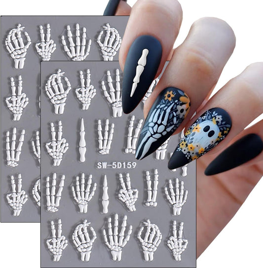 2 Sheets Halloween White Skeleton Bones Nail Art Stickers 5D Embossed Finger Skull Nail Stickers Design Self-Adhesive Skeleton Fingers Nail Decals for Women DIY Halloween Party Nails Decorations