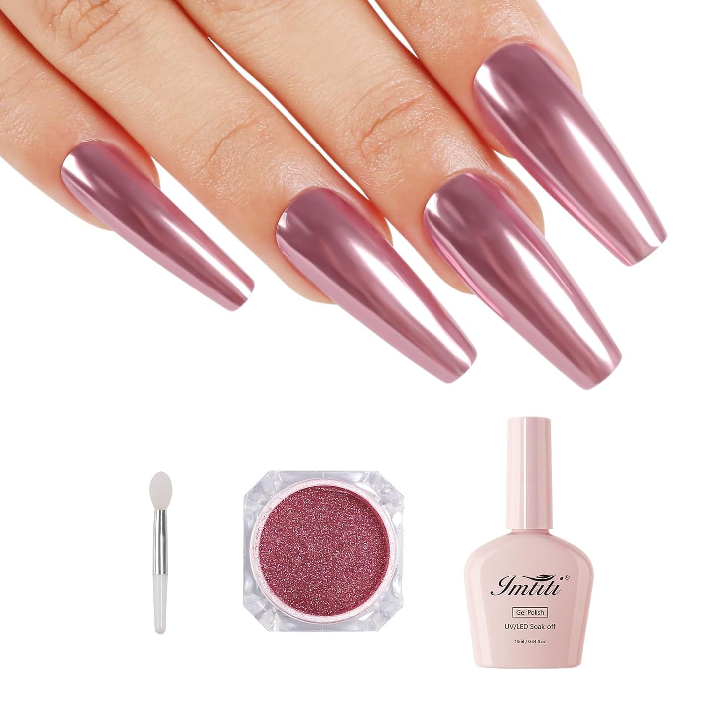 Imtiti Rose Gold Chrome Nail Powder Kit,1g Pink Meatllic Mirror Effect Powder with 10ml White Color Gel Polish Metal Nail UV DIY Kit