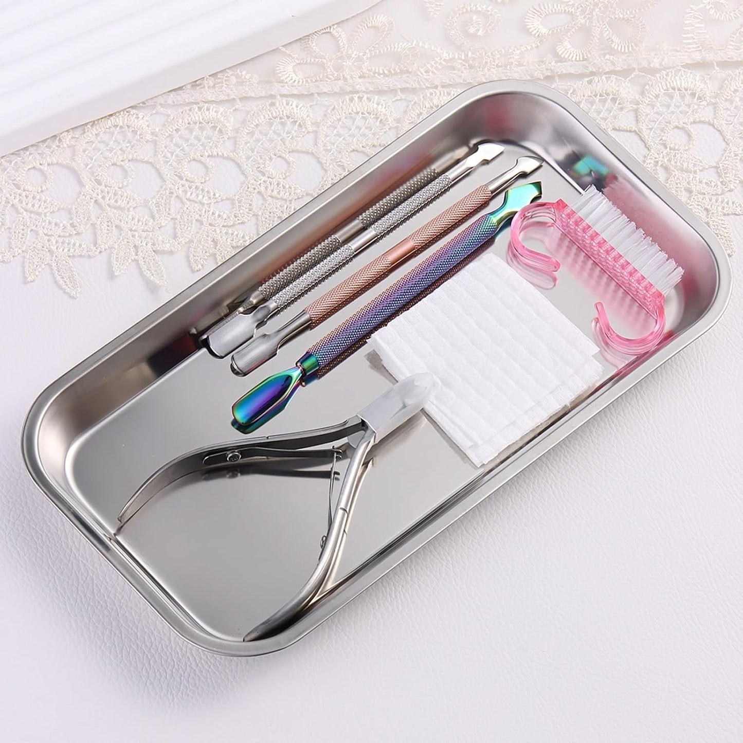 2 Pack Stainless Steel Silver Decorative Tray, Manicure Surgical Tools Placing Dish, Bathroom Vanity Trays for Dresser Counter