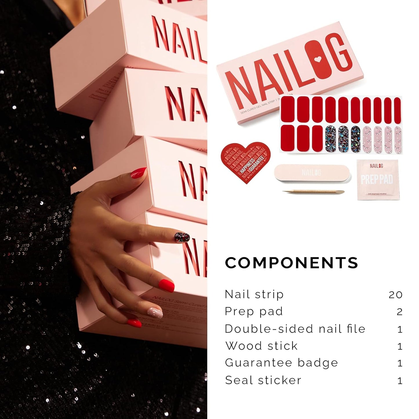 NAILOG Semi Cured Gel Nail Strips (20 Extra Long Stickers/Wraps) | Buy 2 Get 1 UV Lamp| Glossy & Long Lasting Soft Gel Finishing, Dazzling Night