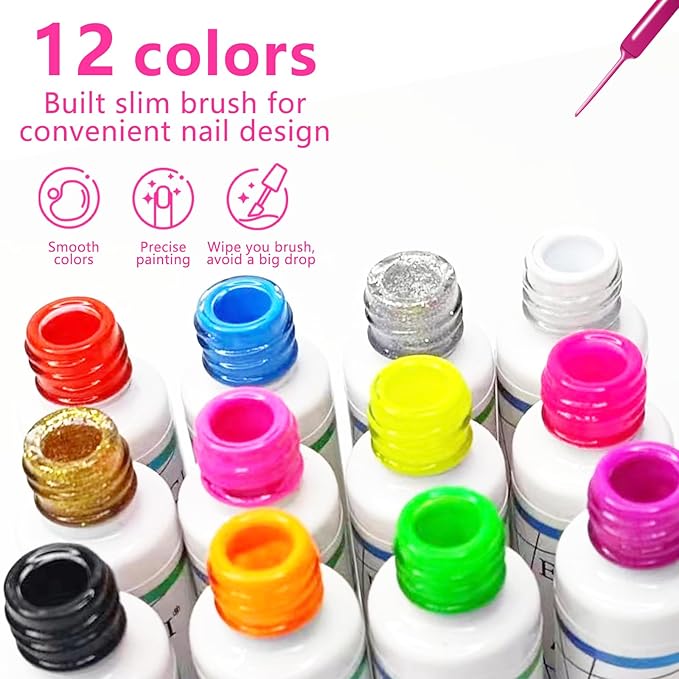 Nail Art Gel Liner Set, 12 Colors Black White Hot Pink Yellow Green Glitter Fall Winter Gel Polish for Swirl French Tip Painting Designs Soak Off Built Thin Brush DIY Nail Design Kit