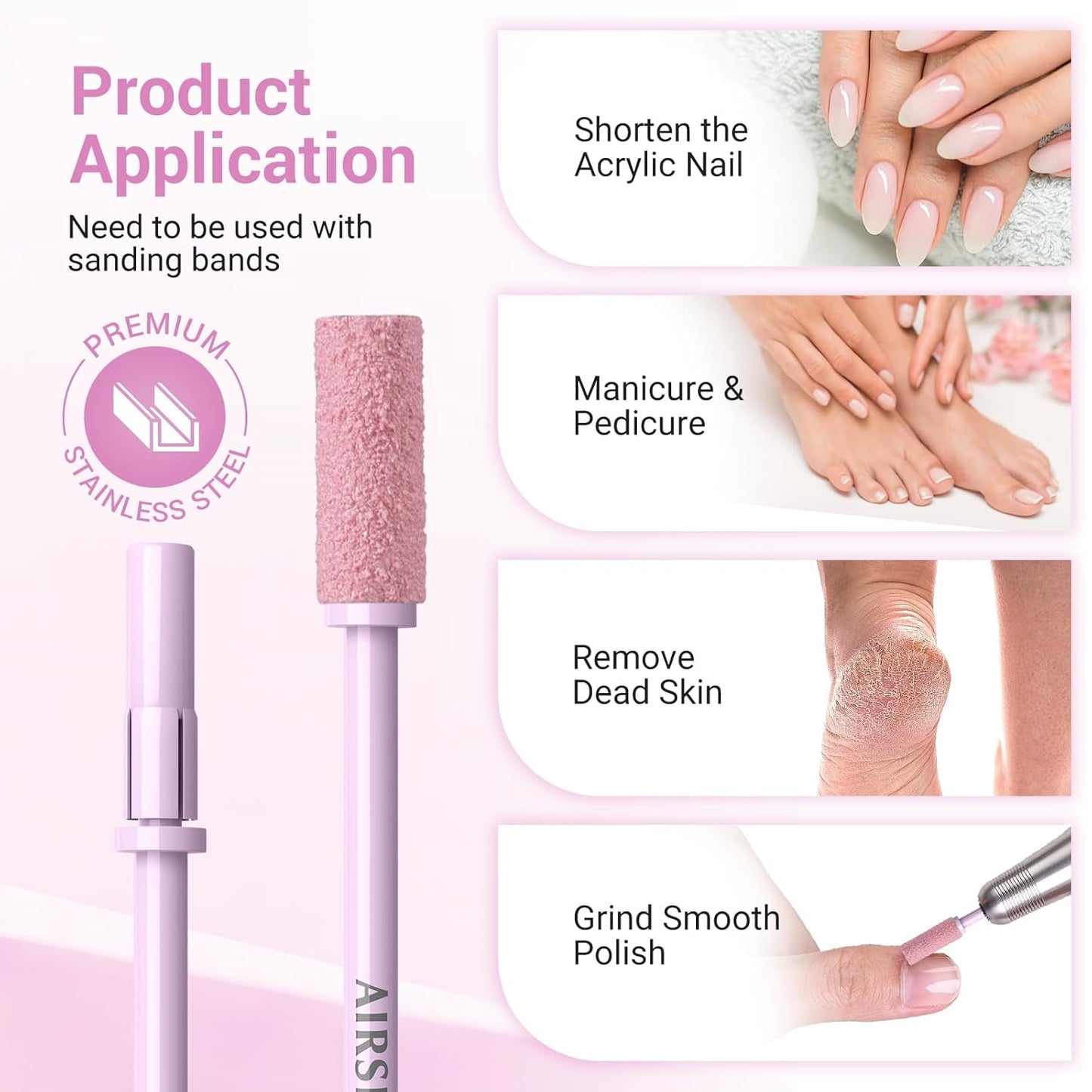 AIRSEE 3.1mm Small Nail Drill Mandrel Bits for Mini Efile Sanding Bands, Stainless Steel Professional Electric Head Clean Remove Cuticle Removing, Acrylic Manicure Sander Safety (Rose Pink)