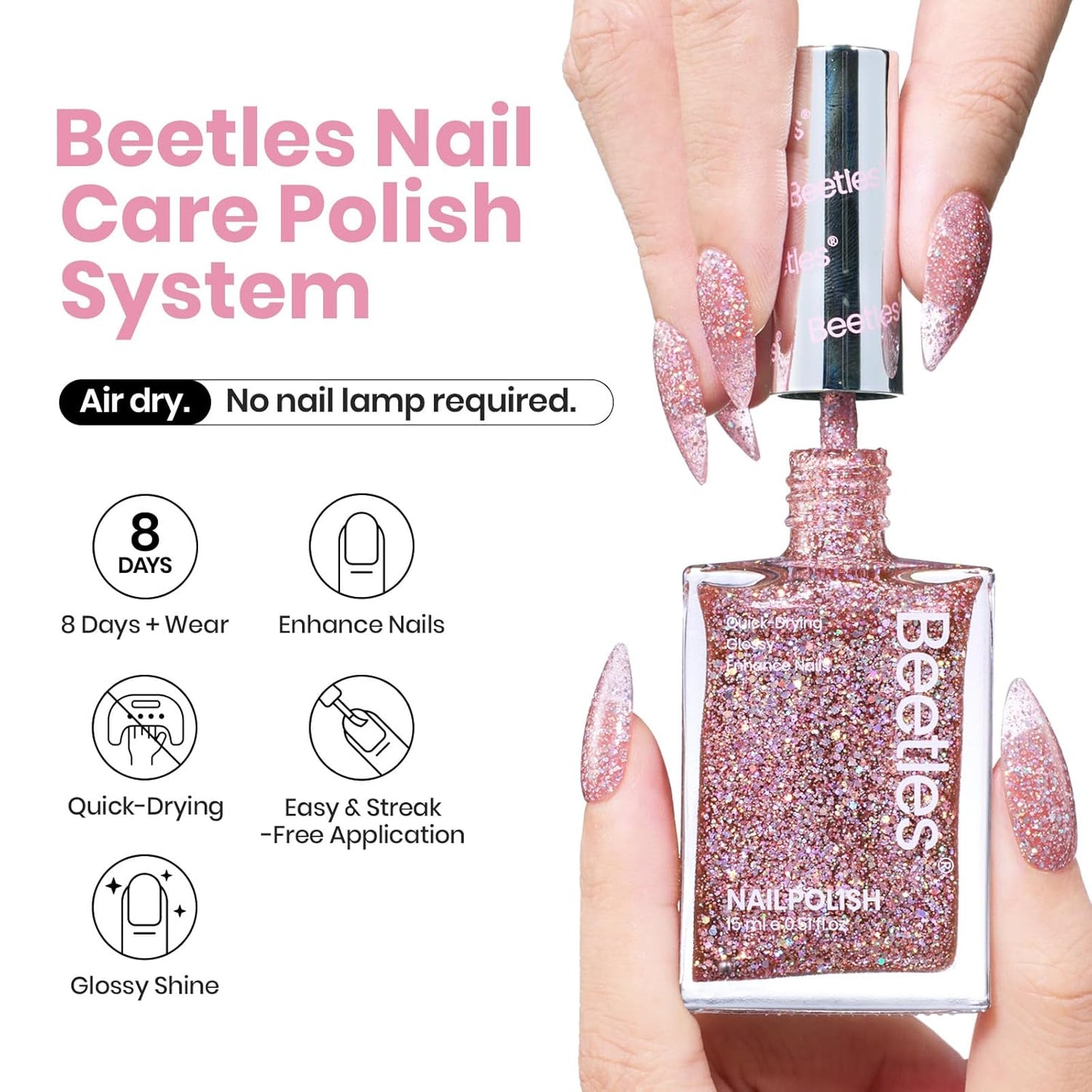 Beetles Glitter Nail Polish, 15ml Light Pink Sparkly Iridescent Rainbow Shimmer Nail Polish, Diamond Shiny Glitter Fast Drying & Long Lasting Nail Lacquer Shimmer for Nail Salon-Quality Results