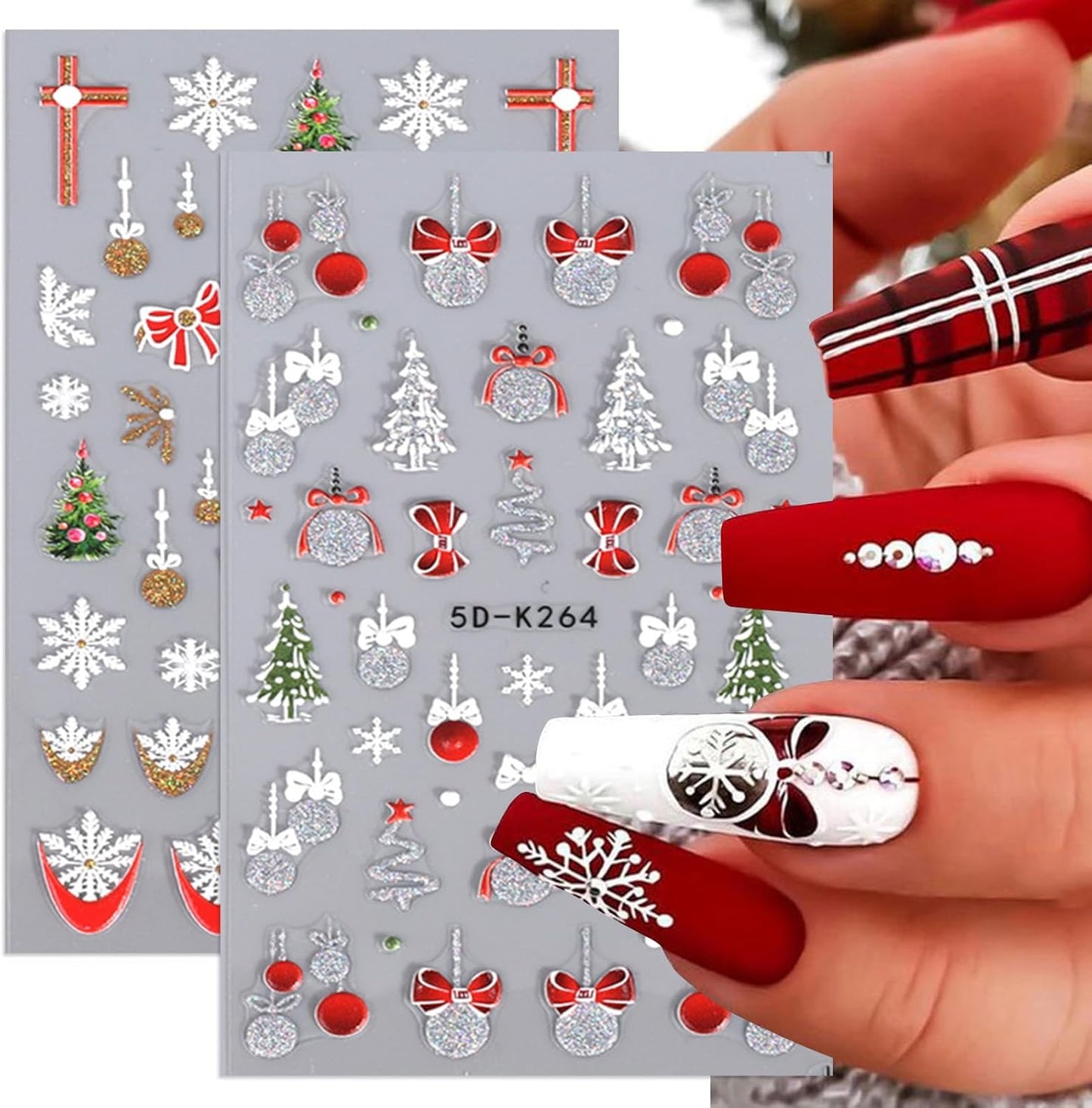 5D Christmas Nail Art Stickers Glitter Snowflakes Nail Decals Red Bells Christmas Tree French Nail Design Self Adhesive Stickers for Women Girls DIY Nail Art Decoration (Gold Silver)