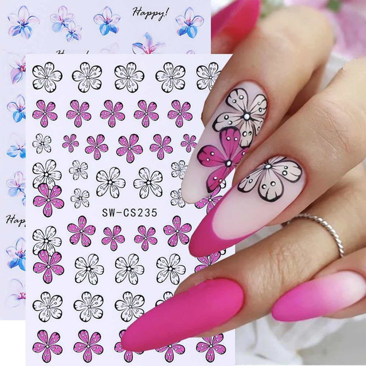 6Sheets Flower Nail Stickers Retro Style Floral Nail Art Stickers Spring Summer Nails Decals Cherry Blossom Kapok Daisy Nails Design Supplies Colorful Flower Sticker for Women Acrylic Manicure Decor