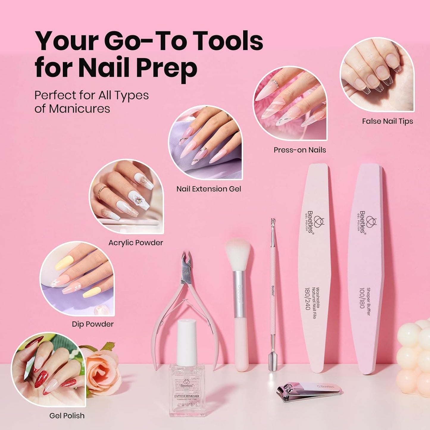 Beetles Gel Polish Remover Kit Nail Care Kit Nail Prep Set Cuticle Oil Cuticle Remover Nails Strengthener 14pcs Manicure Tools Glass Files Removal Foil Wraps Cuticles Trimmer Pushers Gift for Women