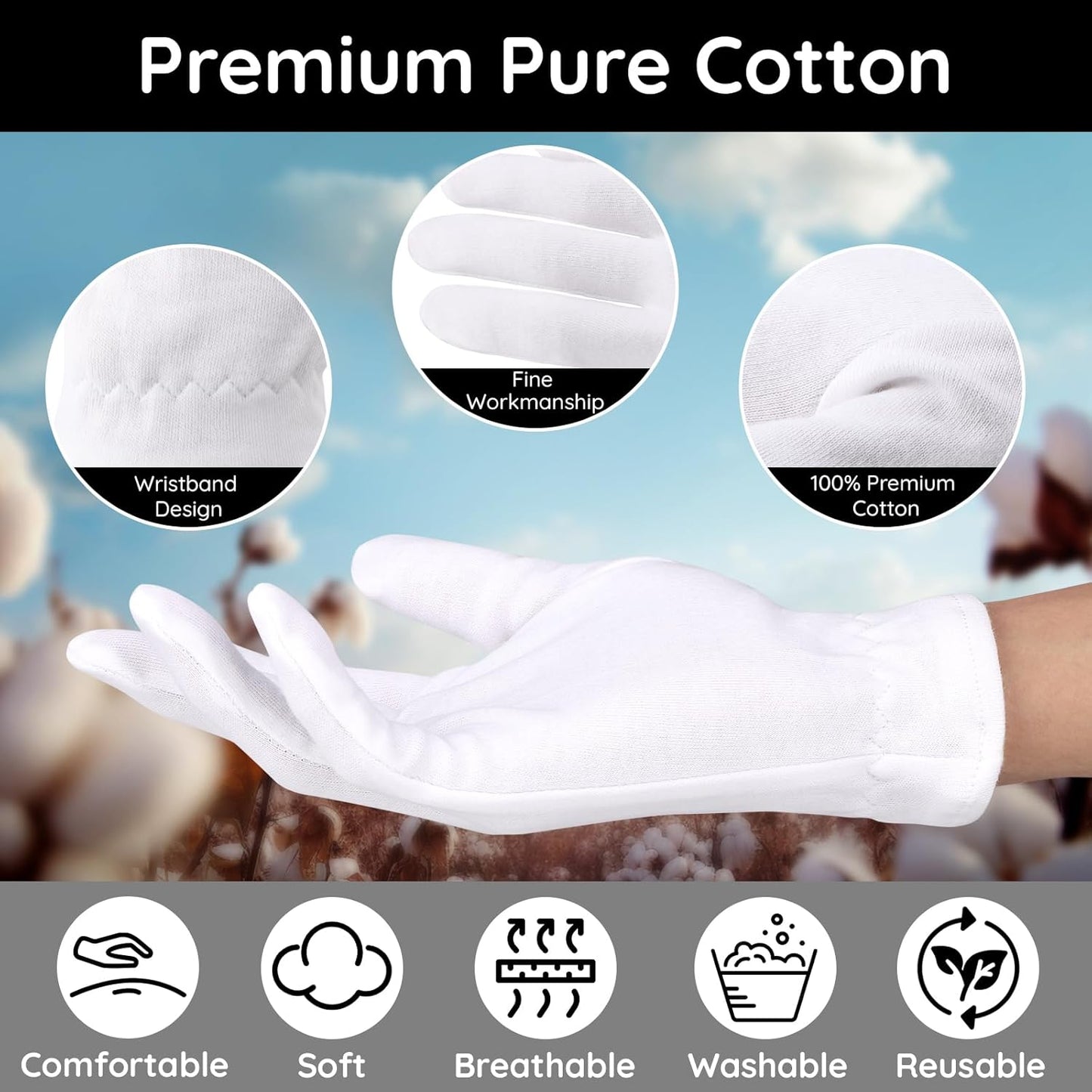 Segbeauty Moisturizing Gloves - Overnight Hand Gloves with Elastic Band, 12 Counts for Men, Women & Art Handling, 6 Pairs Sleep Moisture Lotion Gloves for Dry Hands
