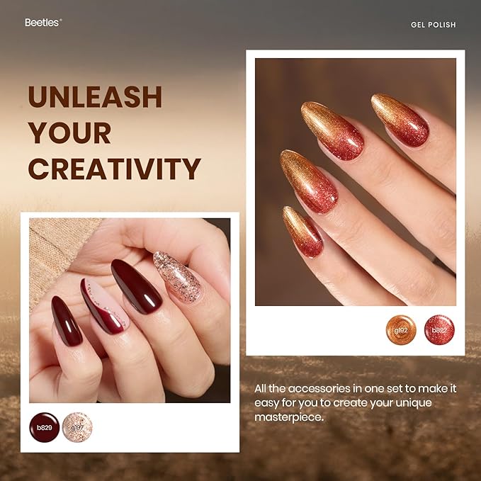 Beetles Gel Nail Polish Set - 20 Colors Warm Mist Fall Gel Nail Kit Burgundy Brown Nude Gold Glitter Gray Shimmer Soak Off Long Lasting Base&Top Coat Uv Led Home DIY Salon Nail Art Gift Set for Women