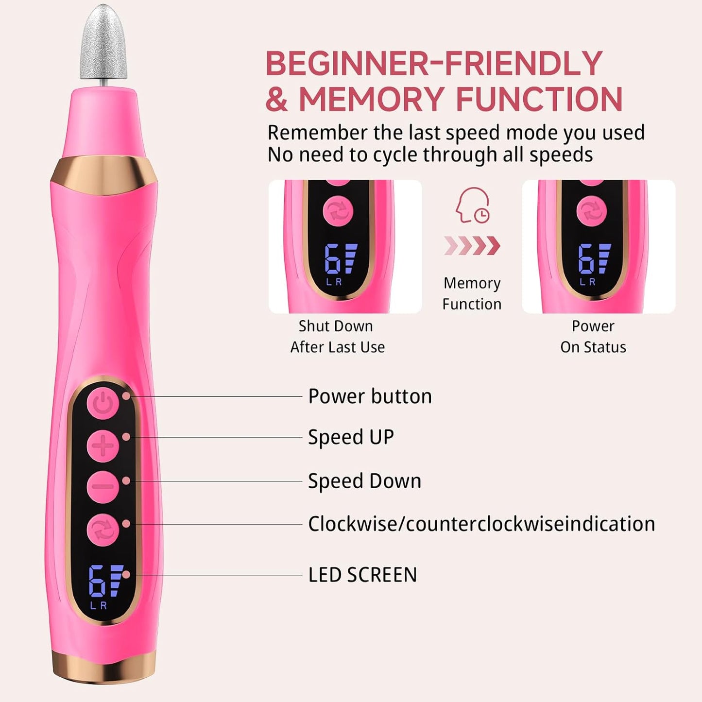 Cordless Nail Drill, Long-Lasting Electric Nail File, Low Noise Electric Nail Drill with 360° LED Light & 6 Speeds, Toenail Grinder for Thick Nail Toenail Cuticle Women Men Baby Pets