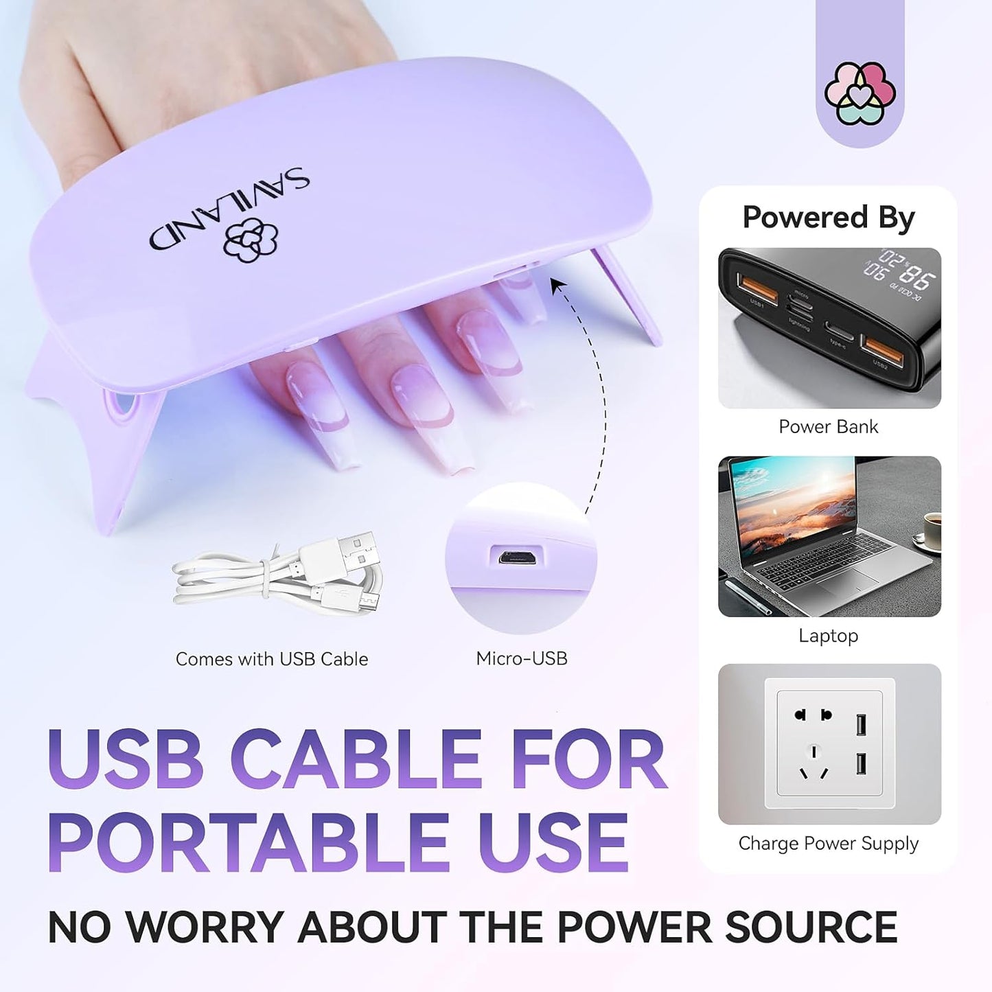 SAVILAND SSPro X Gel U V Nail Lamp for Gel Polish: 12W Mini Portable LED Light Fast Curing 2 Timers Flash Cure Lamp USB Interface Folding Design Personal Manicure Home Travel Use U V Light Purple