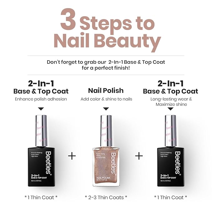 Beetles Nail Strengthener, 2 in 1 Nail Strengthener Polish Nail Growth Nail Ridge Filler Base Coat Nail Polish Nail Repair for Damaged Thin Nails Natural Nails Glitter Brown Nail Polish 15ML