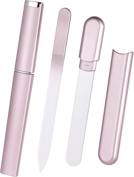 Glass Nail File and Buffer with Case, Crystal Fingernail Files for Natural Nails Nano Nail Shiner Polisher Care Kit for Travel Salon Stocking Stuffers for Women Girl Wife Gifts-Rose Gold