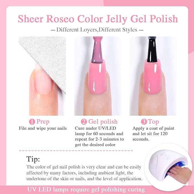Sheer Light Red Gel Nail Polish, 15ML Jelly Red Translucent Color UV/LED Soak Off Gel Polish for DIY Nail Art Manicure and Pedicure at Home or Salon, 0.51 fl oz 1Pcs