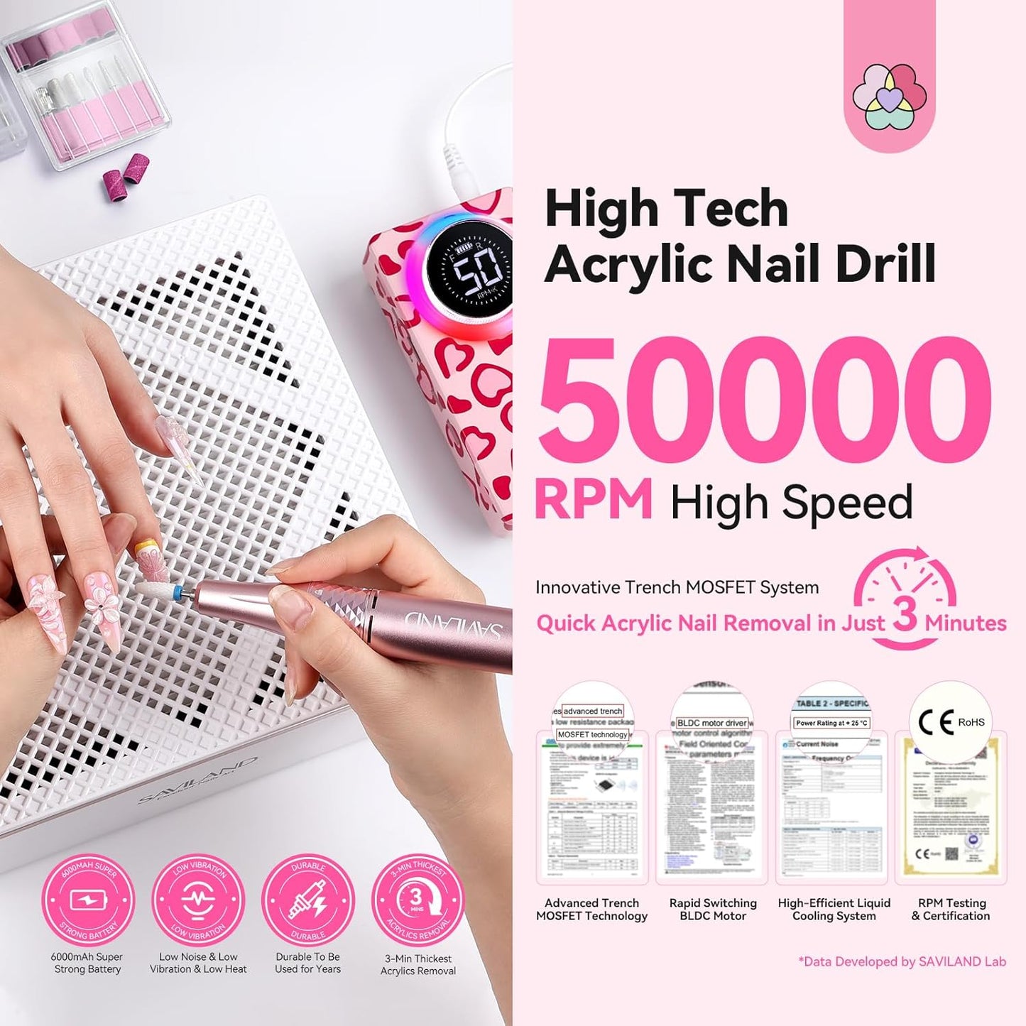 SAVILAND Electric Nail Drill Professional: 50000 RPM Electric Nail File Rechargeable Cordless Nail Drill Kit with Ceramic Drill Bits for Quick Acrylic Nail Removal Ambient Light Leopard Heart Print