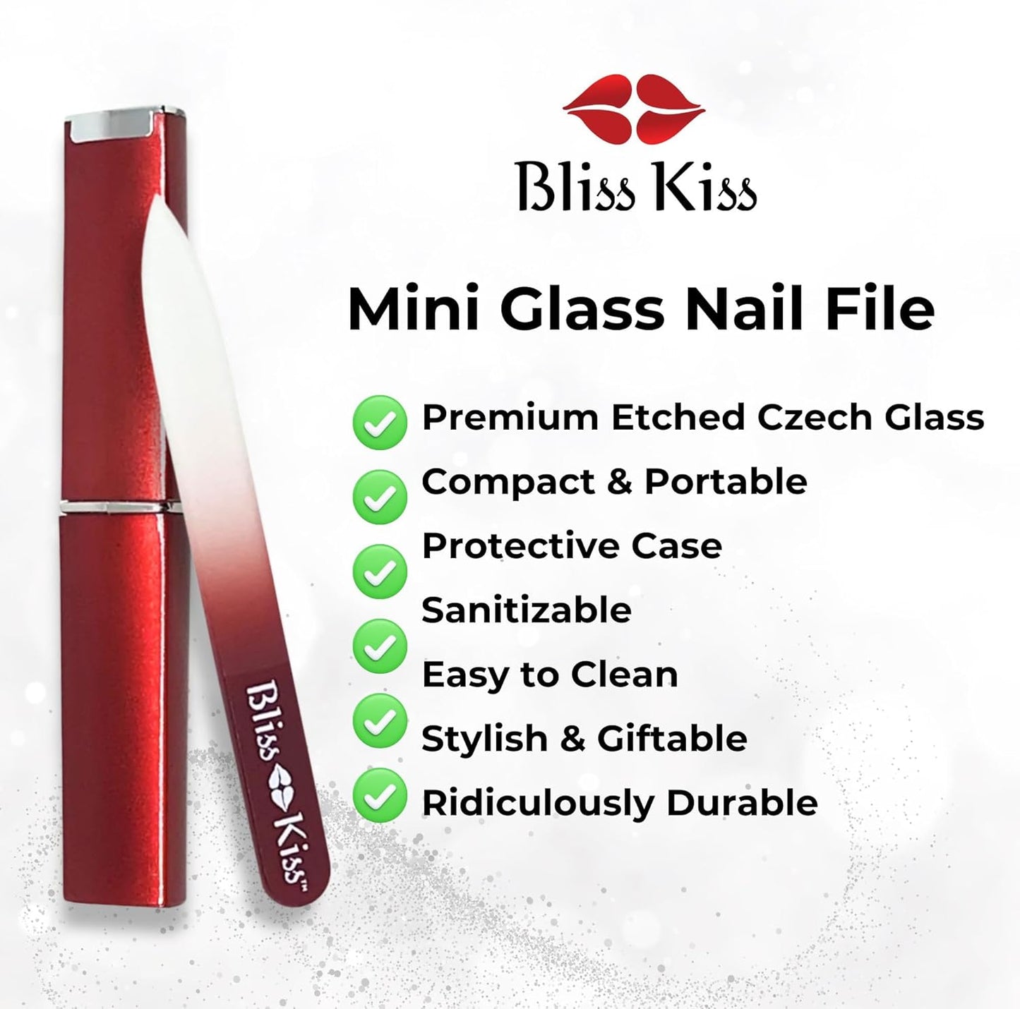 Bliss Kiss Simply Czech Crystal Glass Nail File case and Sleeve | Small File Gentle for Natural Nails, Durable Manicure Tool, Perfect for Travel, Emery Boards Alternative