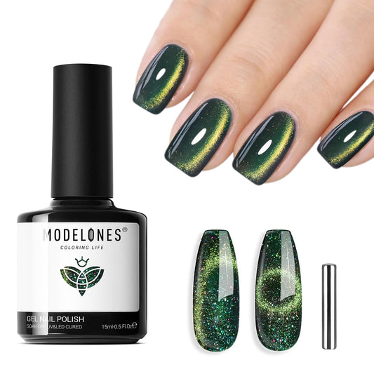 modelones Cat Eye Gel Nail Polish,15 ML Green Gel Nail Polish Sparkle Reflective Shimmer Glitter Green Polish 9D with Magnet Soak Off LED Spring Top Coat Nail Art DIY Salon