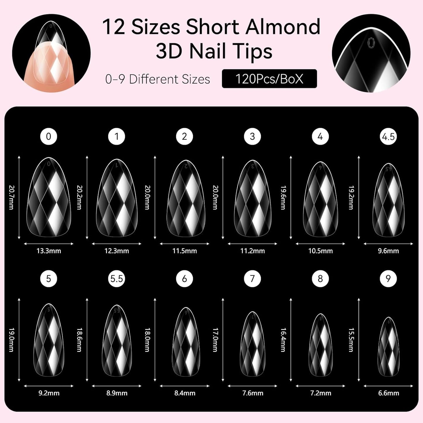 Makartt Short Almond Soft Gel Nail Tips: 120pcs 3D Diamond-Shaped Fake Nails Extension, 12 Sizes Full Cover Clear Press-On Tip, Natural Rhombus Lattice, Suit for Chrome Nail Powder