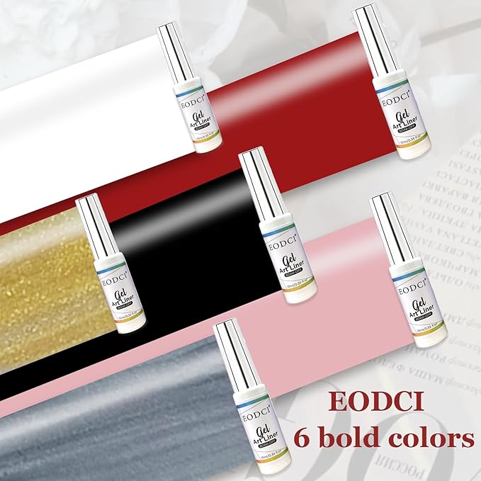 Gel Liner Art Polish Set 10ml, 6 Colors Black White Red Pink Glitters Gold Silver, Nail Polish Paint Swirl Built Thin Brush in Bottle Soak off Uv Gel Nail Art Liner Set