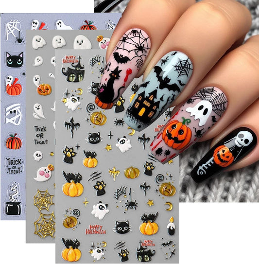 3 Sheets Goth Nail Stickers 5D Embossed Halloween Ghost Nail Art Stickers Cute Cat Pumpkin with Spider Bat Design Sticker Gold Spider Web Nail Decals Nail Art Supplies for Women Acrylic Nail DIY