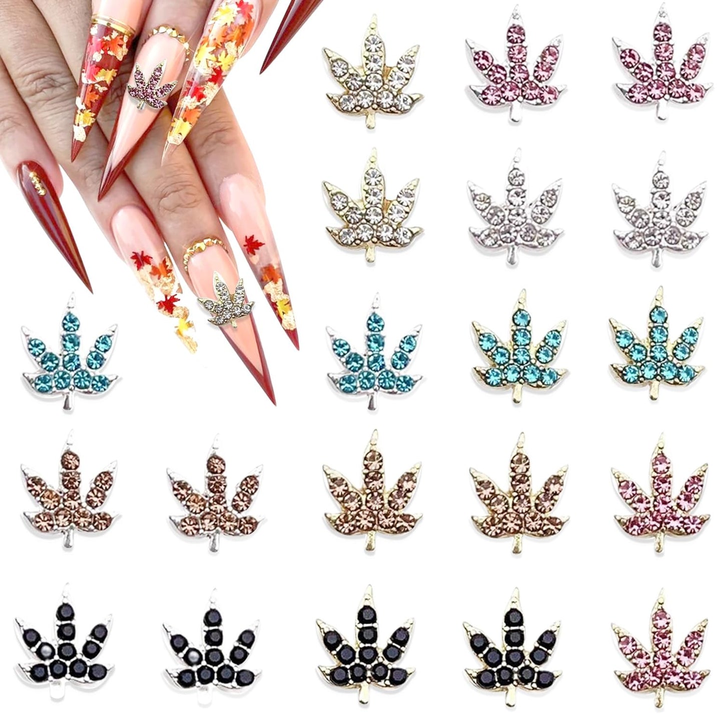 20 Pcs Fall Maple Leaf Nail Charms - Colorful 3D Alloy Crystal Maple Leaves Nail Rhinestones Mix Luxury Jewelry Gems for Women DIY Manicure
