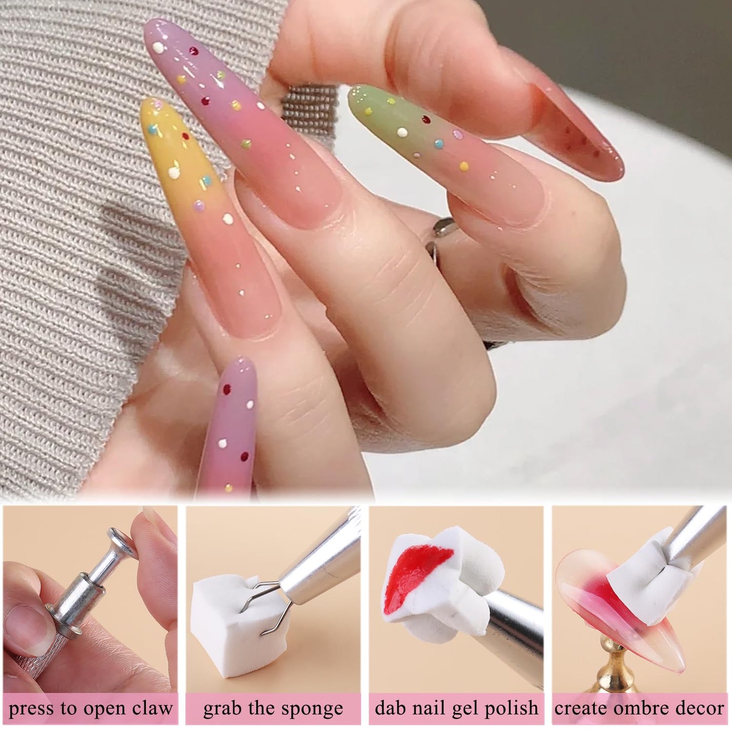 100Pcs Soft Nail Sponges for Ombre, Gradient Effect White Nail Art Sponges With Grabbing Pen 6Pcs Wedge Sponges Aura Nails Ombre Nail Brush Professional Accessories Manicure Salon Supplies