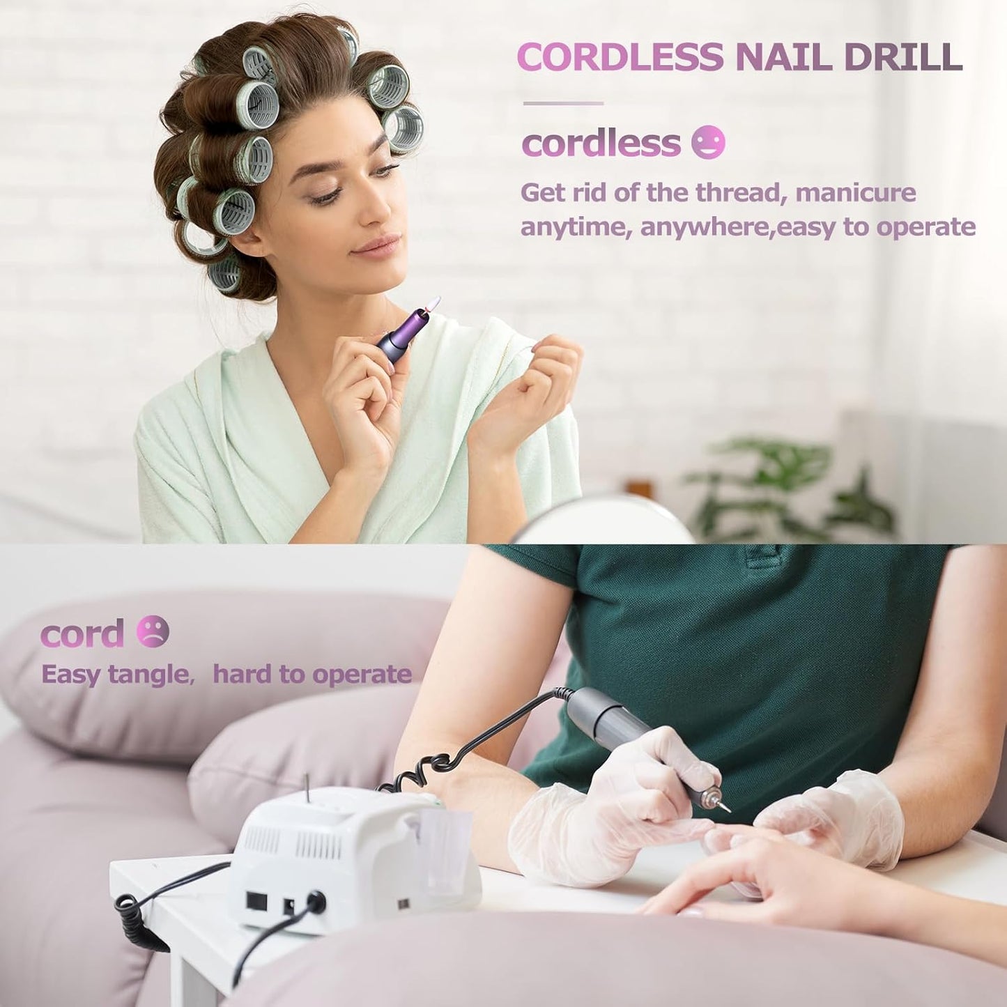 Electric Nail Files Cordless, Professional Nail Drill LCD Display With 12 Bits 30000RPM Rechargeable Manicure Pedicure EFile For Gel Nail Polish Acrylic Nails Thick Toenails Removal,Grey purple