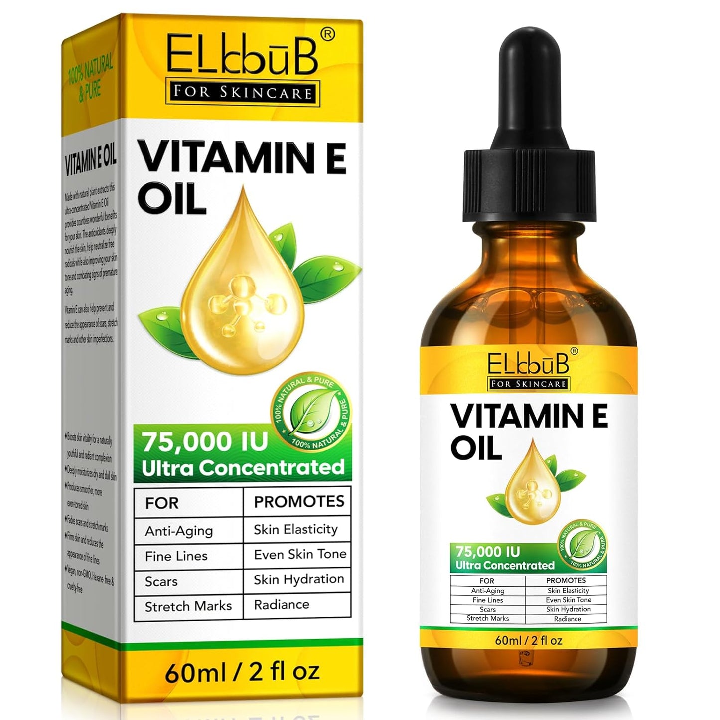 ELBBUB Vitamin E Oil - 75,000 IU Ultra Concentrated - Moisturizes, Fades Scars & Stretch Marks, Anti-Aging & Skin Hydration - for Face, Body, Hair, and Nails