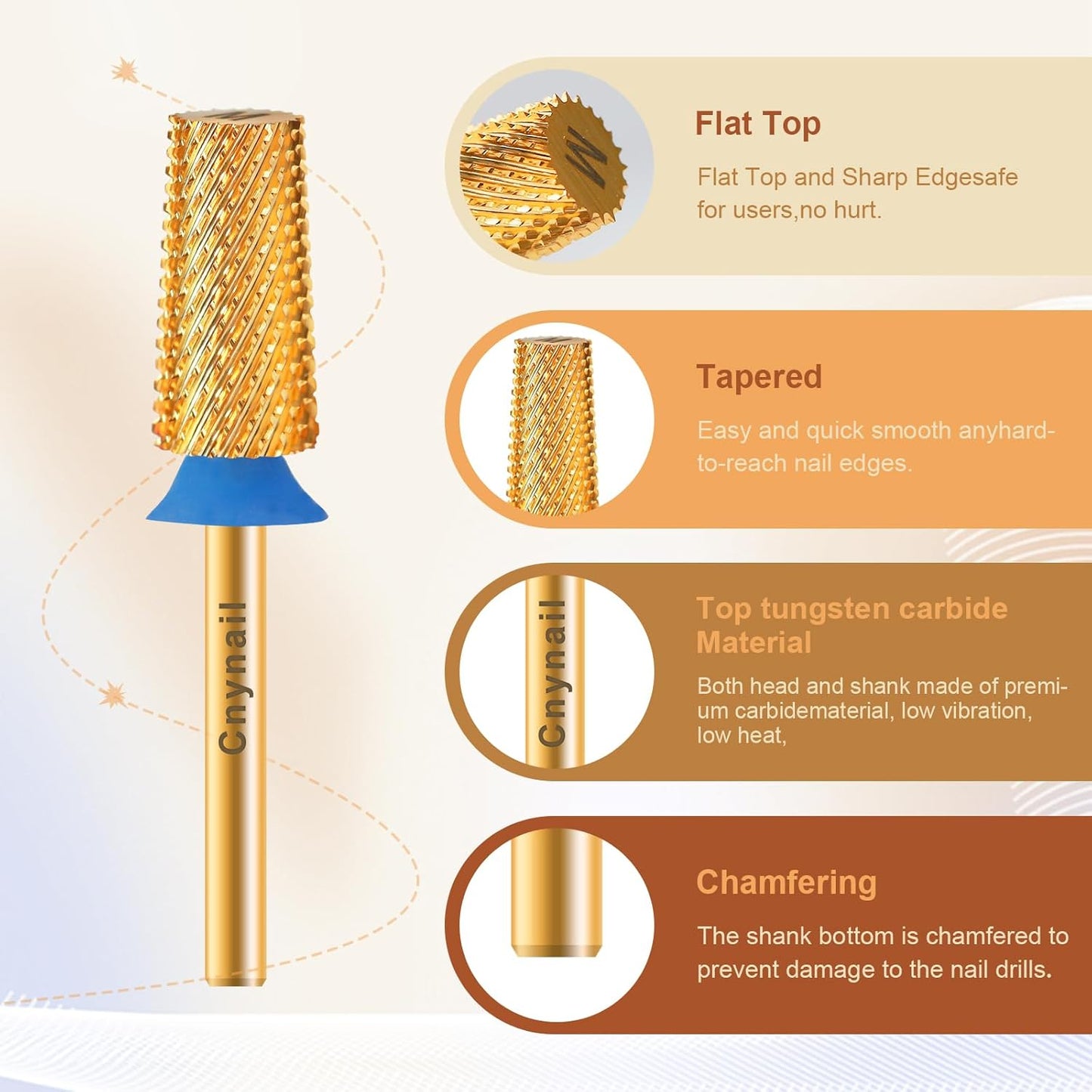 3/32" Large Tapered Barrel Flat Bit Tungsten Carbide Nail Drill Bit Safety Bit for Gel & Acrylic Removal, 2- Way Rotating Efile Tip, Salon Electric File Accessory (M Girt, Gold)