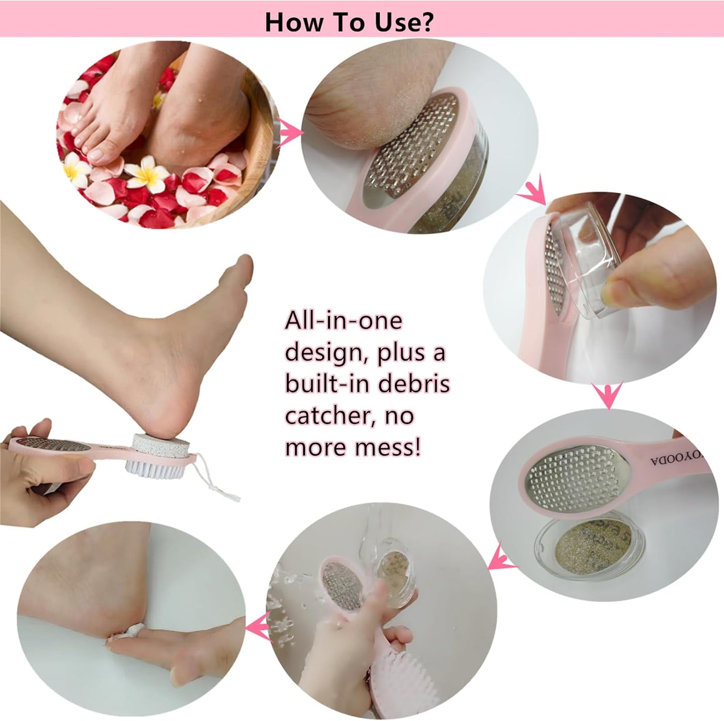 Foot File Callus Remover 5-in-1, 2 Pcs Feet Scraper Pedicure Tools with Pumice Stone, Scrubber Brush, Stainless Steel Foot Rasp and Sand Paper Debris Catcher, Multi Purpose, Pink