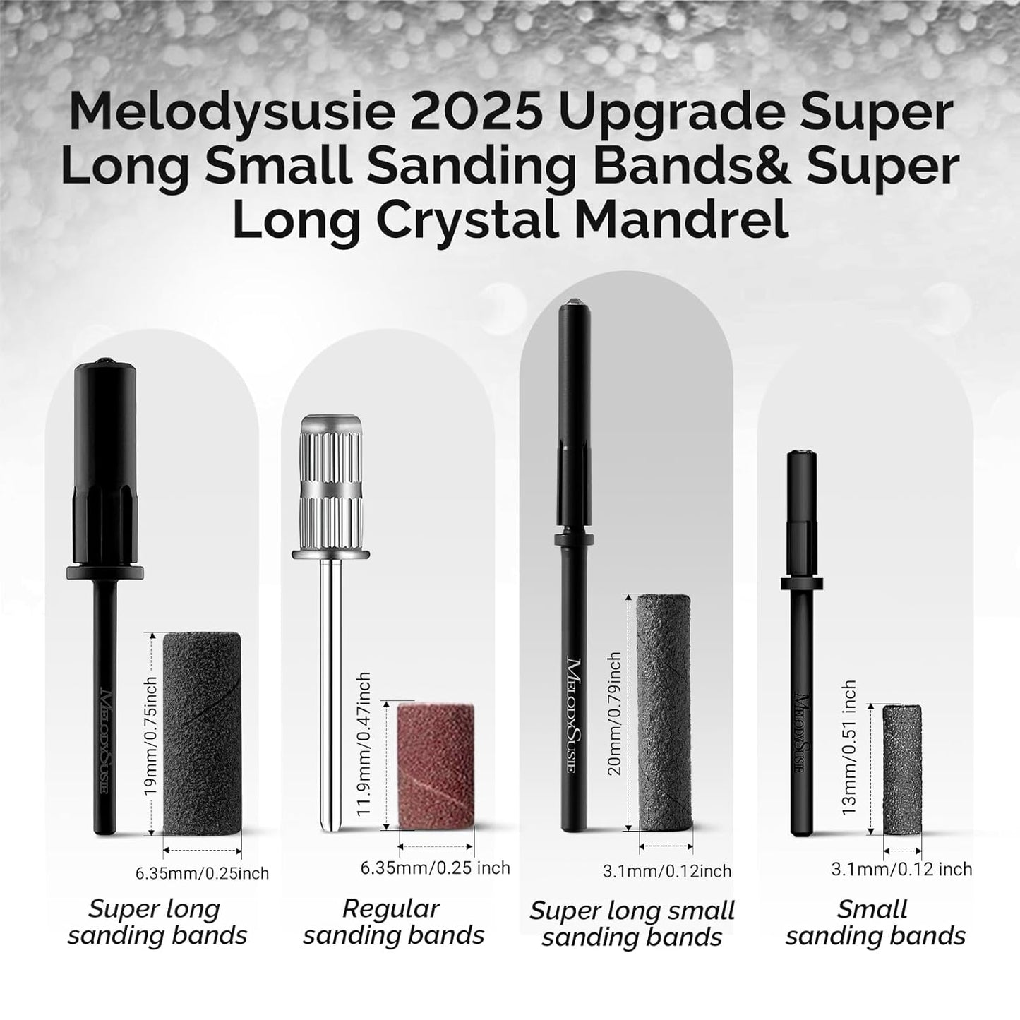 MelodySusie 50 Pcs Nail Drill Bits Super Long Small Sanding Bands with 3.1mm Crystal Mandrel Bit, 240 Extreme Fine Grit Nail File for Acrylic Nails Gel Manicures and Pedicure, Black