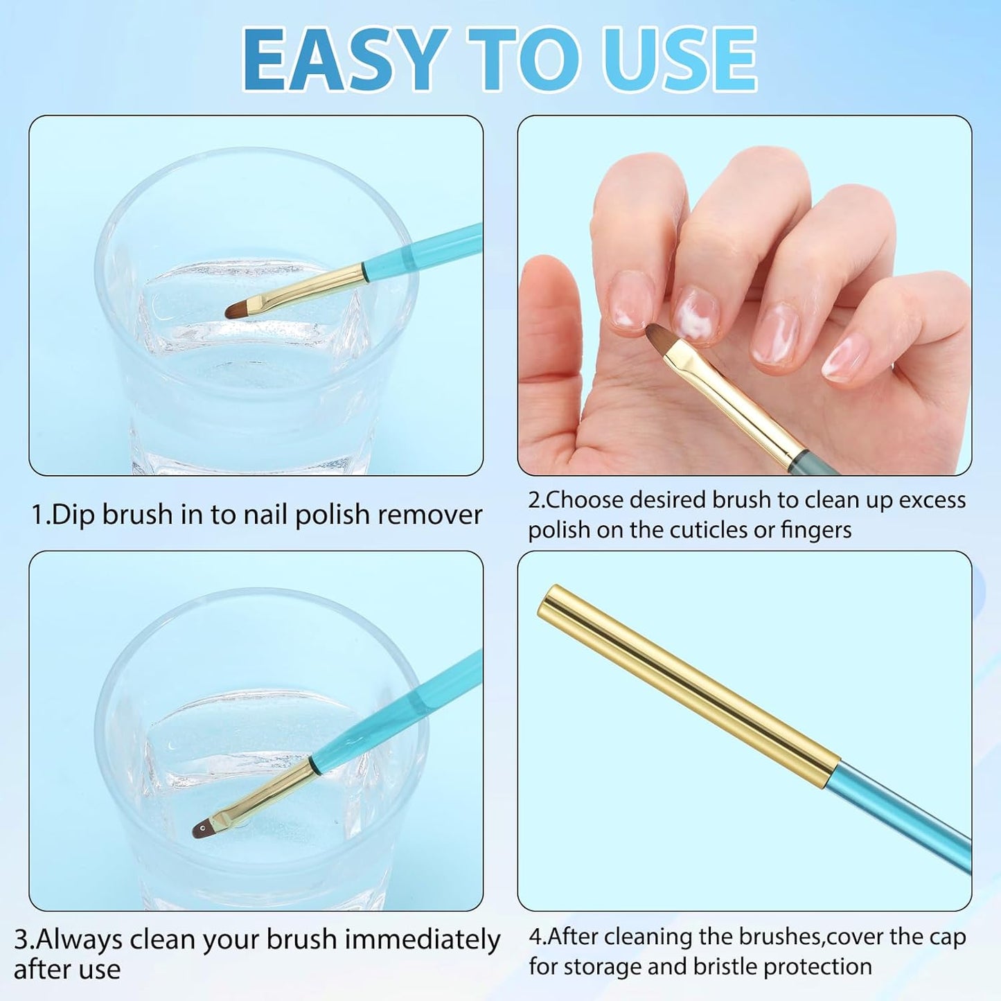 Metal Blue Nail Art Clean Up Brushes for Cleaning Polish Mistakes on the Cuticles, Acetone Resistant Nail Brush, Fingernail Cleaning Brushes for Nail Art and Designs (Round&flat&Bevel)