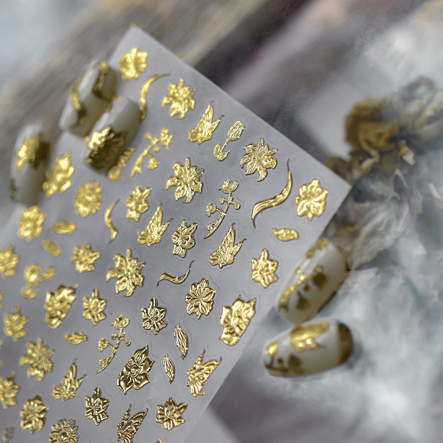 1 Sheets 5D Embossed Fall Nail Stickers for Nail Art Self-Adhesive Gold Flower Nail Art Stickers Gold Butterfly Autumn Leaves Nail Decals Floral Nail Design Sticker for Women Nails Decoration