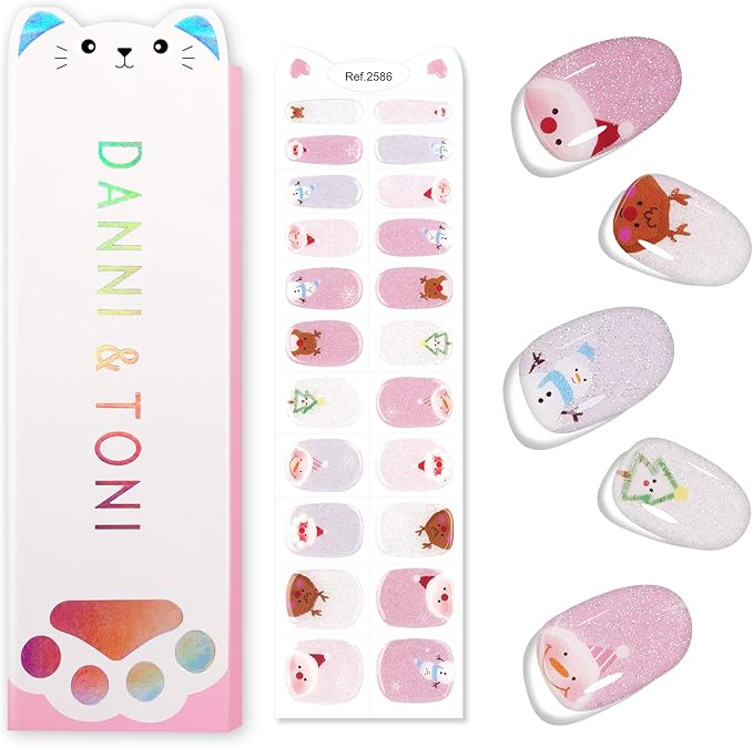 DANNI & TONI Kids Gel Nail Strips Christmas Tree Snowman Reindeer Santa Claus Shimmering Salon-Quality Peel & Stick Manicure for Children (Age 6+)– Safe, Long-Lasting, Easy to Apply | Whimsical Winter